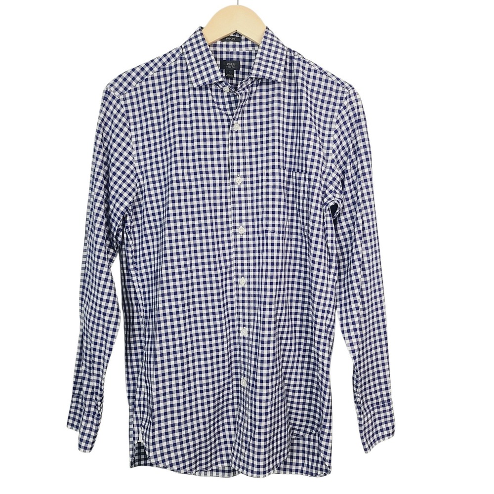 Crew 120s‎ 2-Ply Ludlow Navy White Gingham Button Front Cotton Shirt Medium